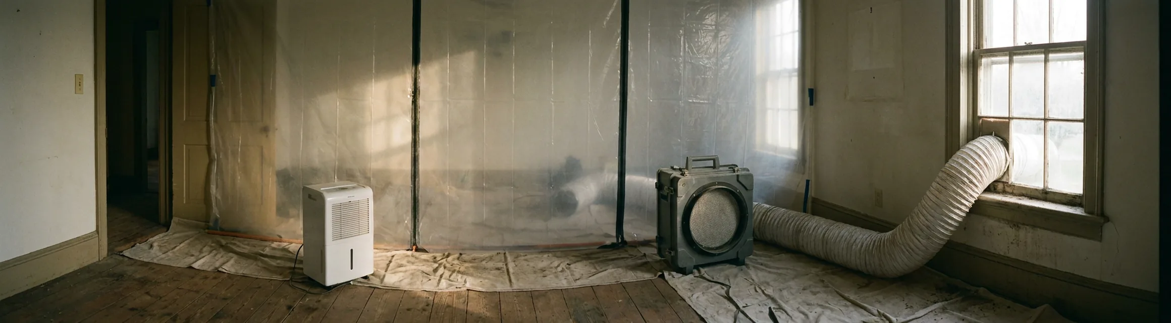 Containment sheeting, HEPA air scrubber and dehumidifier set up inside a Gettysburg area home during mold remediation