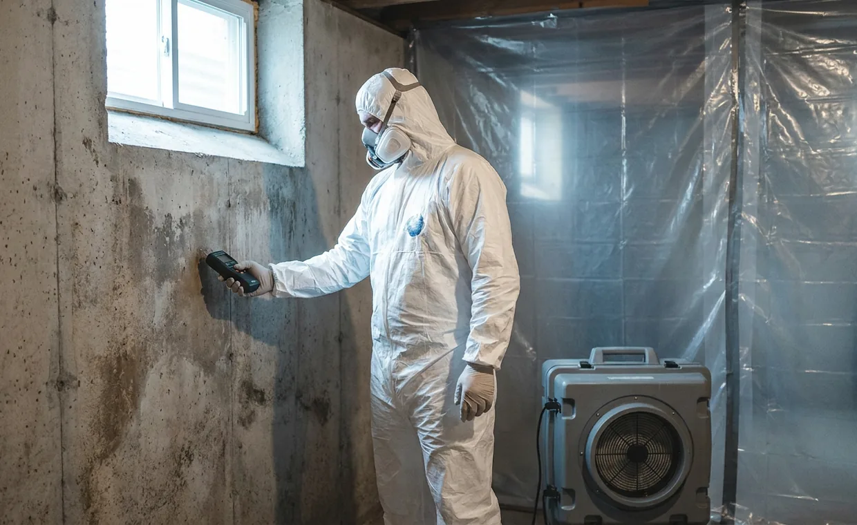 Technician in protective coveralls checking a damp basement foundation wall with a moisture meter during mold remediation in Gettysburg, PA